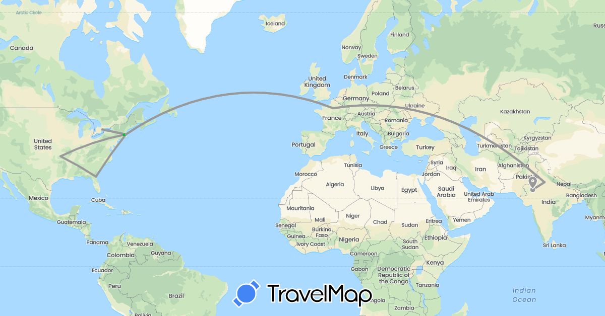 TravelMap itinerary: driving, bus, plane in Canada, France, India, United States (Asia, Europe, North America)